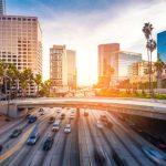 Downtown Los Angeles traffic at sunset